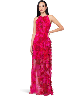 Vestido sin mangas con cuello halter y estampado floral con volantes en cascada y lazo en la espalda