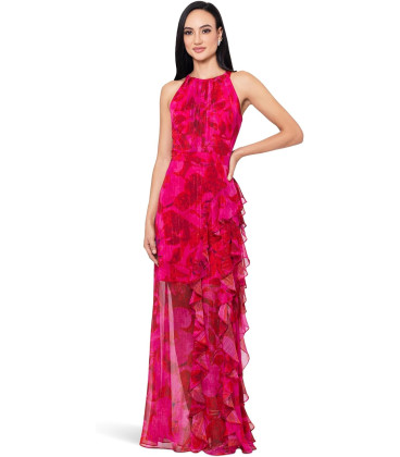 Vestido sin mangas con cuello halter y estampado floral con volantes en cascada y lazo en la espalda