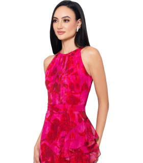 Vestido sin mangas con cuello halter y estampado floral con volantes en cascada y lazo en la espalda