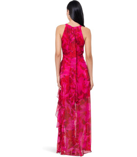 Vestido sin mangas con cuello halter y estampado floral con volantes en cascada y lazo en la espalda