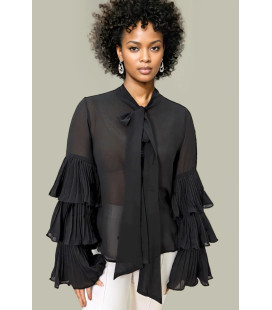 Black Sheer Pleated Sleeve Button-Down Top