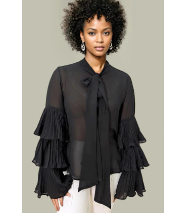 Black Sheer Pleated Sleeve Button-Down Top