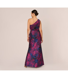 One-shoulder dress with draped details.