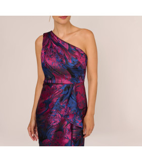 One-shoulder dress with draped details.