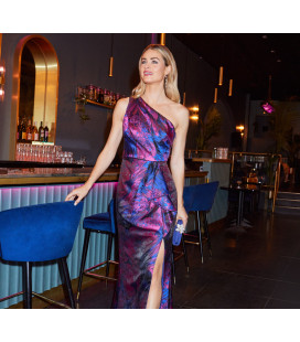 One-shoulder dress with draped details.