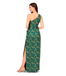 One-shoulder dress with pleated details and bow at the waist