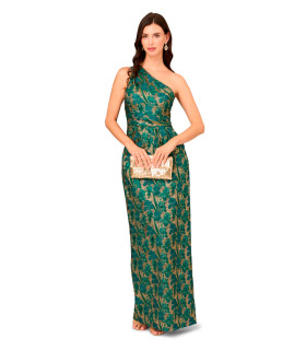 One-shoulder dress with pleated details and bow at the waist