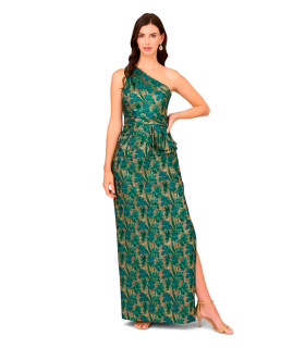 One-shoulder dress with pleated details and bow at the waist
