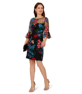 Embroidered dress with multicolored flowers and bell sleeves