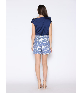 One Shoulder Flower Applique Sleeveless Satin Top