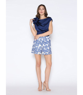 One Shoulder Flower Applique Sleeveless Satin Top