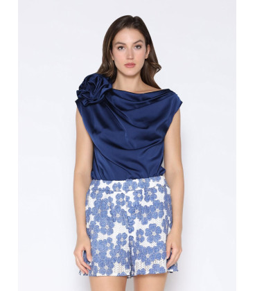 One Shoulder Flower Applique Sleeveless Satin Top