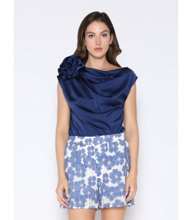 One Shoulder Flower Applique Sleeveless Satin Top