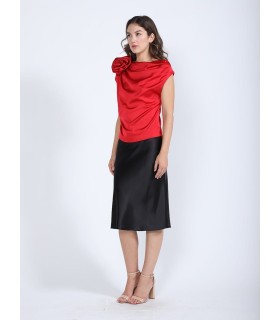 One Shoulder Flower Applique Sleeveless Satin Top