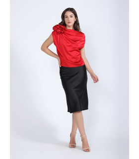 One Shoulder Flower Applique Sleeveless Satin Top