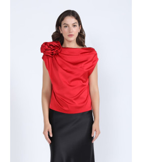 One Shoulder Flower Applique Sleeveless Satin Top