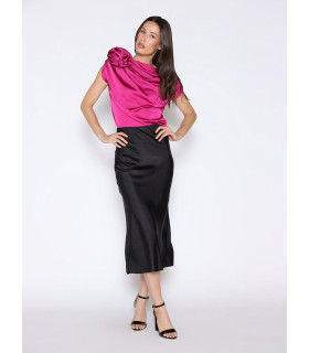 One Shoulder Flower Applique Sleeveless Satin Top