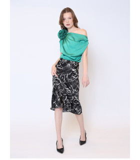 One Shoulder Flower Applique Sleeveless Satin Top