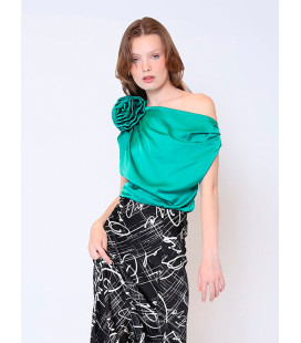 One Shoulder Flower Applique Sleeveless Satin Top