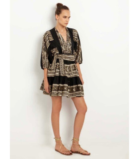 Dress with geometric embroidery in soft golden tones