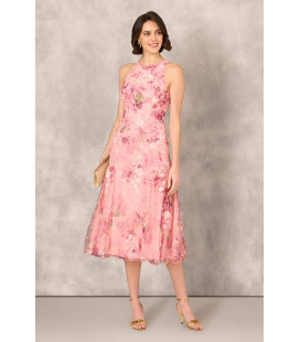 Vestido midi sin mangas con volantes laterales bordados en rosa multicolor