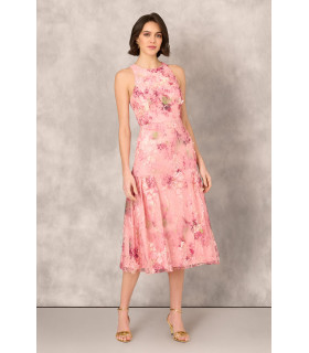 Sleeveless Embroidered Side Flounce Midi Dress In Pink Multi