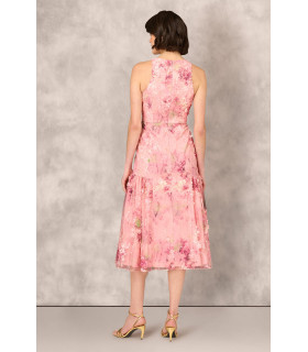 Sleeveless Embroidered Side Flounce Midi Dress In Pink Multi