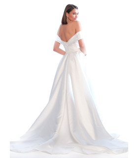 Off-the-shoulder satin A-line wedding dress