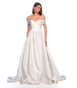 Off-the-shoulder satin A-line wedding dress