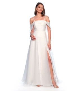 Off-shoulder organza dress with draped straps.