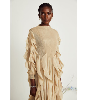 Long pleated dress with ruffle trim