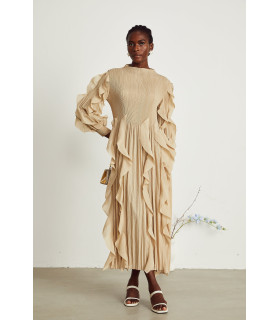 Long pleated dress with ruffle trim