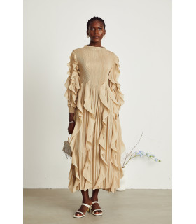 Long pleated dress with ruffle trim