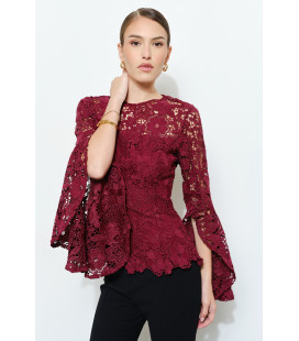 Floral Lace Slitted Long Sleeves Blouse Woven Top