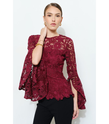 Floral Lace Slitted Long Sleeves Blouse Woven Top