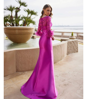 Mikado and lace dress, sleeves with feather detail