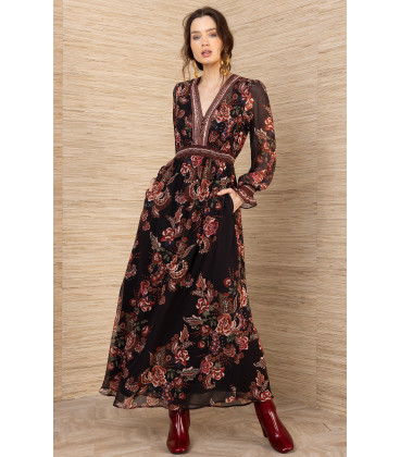 Long-sleeved printed dress with elasticated cuffs