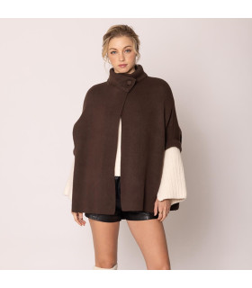 Ruana with high neck and button closure