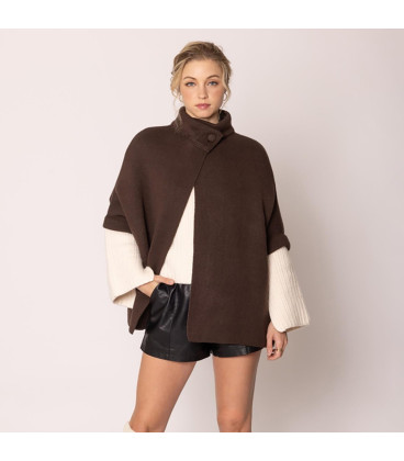 Ruana with high neck and button closure