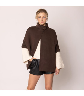 Ruana with high neck and button closure