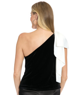 One-shoulder velvet top with oversized bow