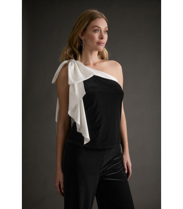 One-shoulder velvet top with oversized bow