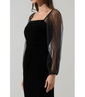 Velvet midi dress with long sheer polka dot sleeves