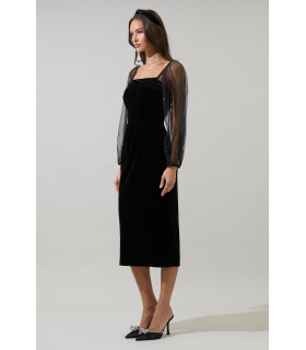 Velvet midi dress with long sheer polka dot sleeves