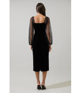 Velvet midi dress with long sheer polka dot sleeves