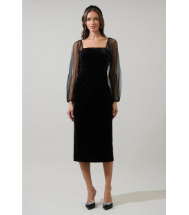 Vestido midi de terciopelo con mangas largas transparentes de lunares