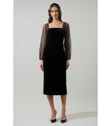 Vestido midi de terciopelo con mangas largas transparentes de lunares