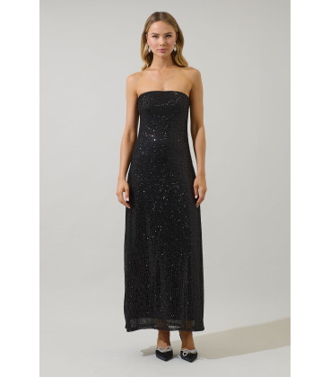 Vestido largo sin tirantes con lentejuelas