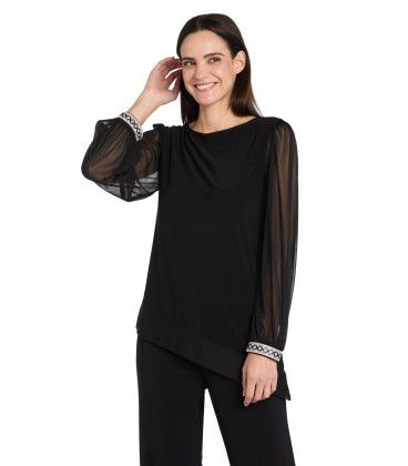 Asymmetrical blouse with long sleeves and shiny cuffs