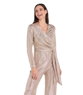 Metallic Pleated Long-Sleeve Jumpsuit with Tie Waist